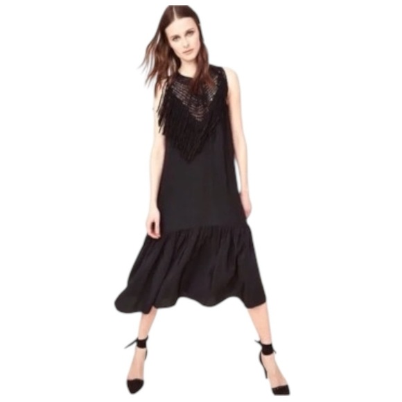 Ulla Johnson Silk Midi Dress Black Fringe Tiered Crochet Yoke Boho Chic Size 2 - Picture 14 of 14